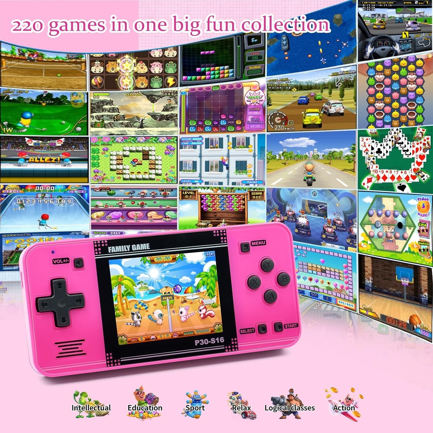 Educational Retro Gaming Console for Kids – Handheld, Rechargeable, 220 Games