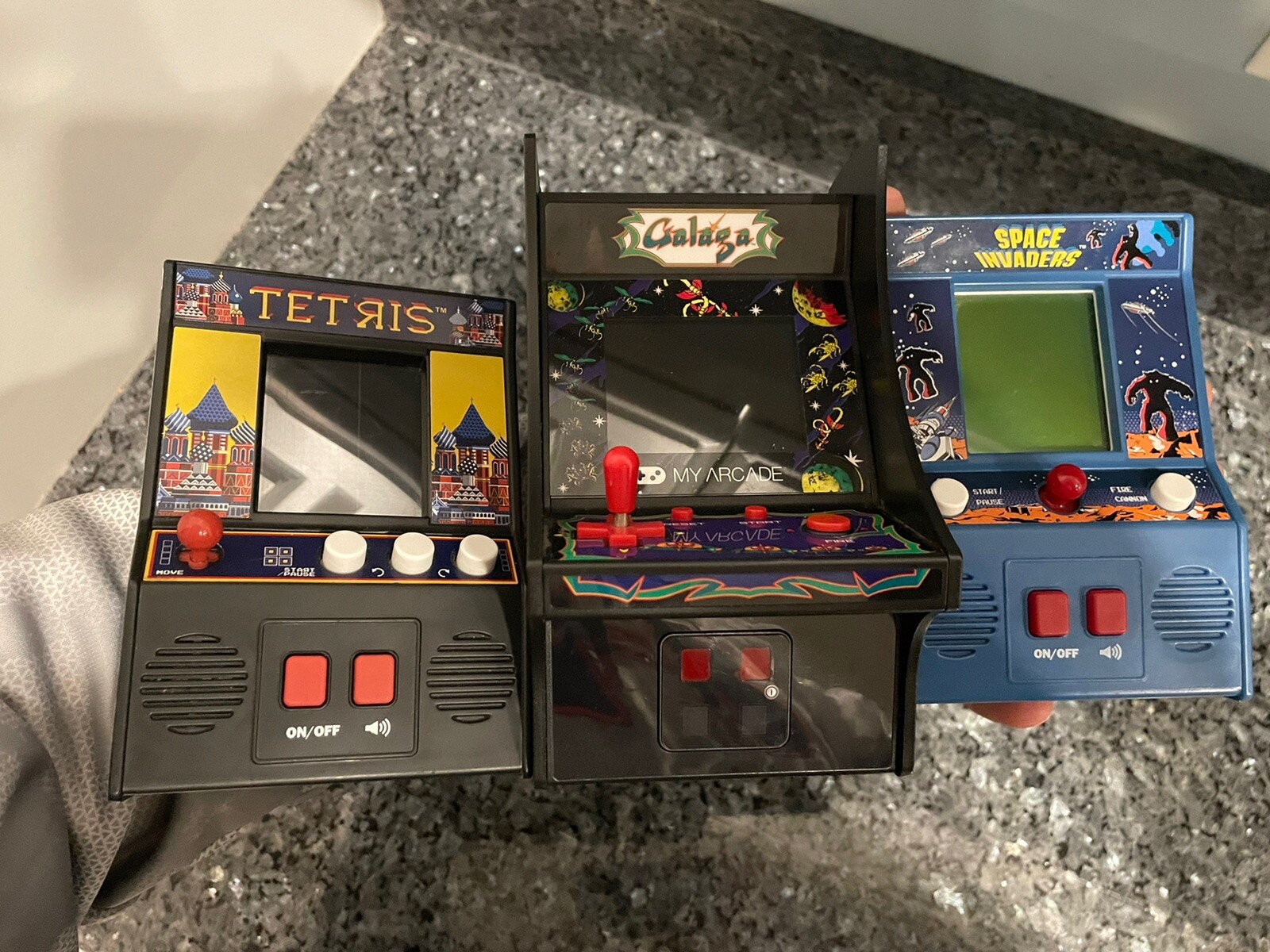 (3) Micro Player Handheld Retro Arcade Games – Galaga Tetris & Space Invaders