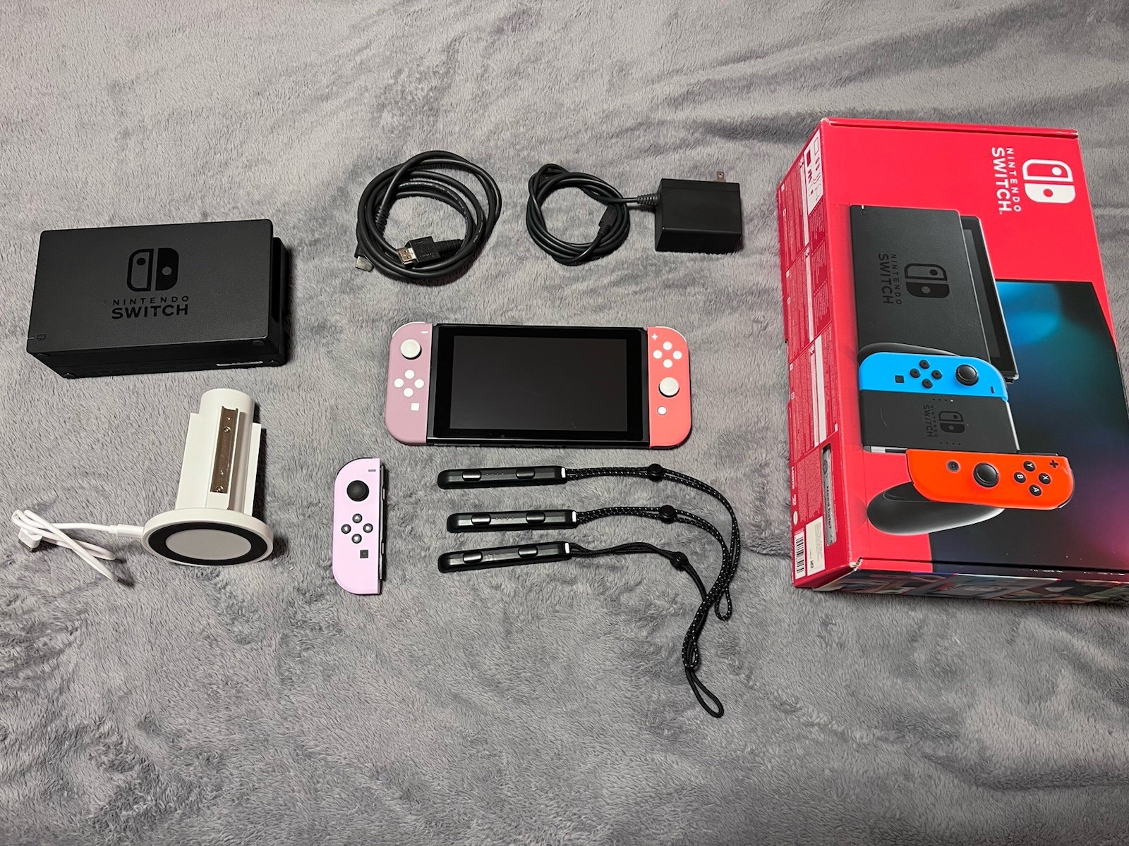 Nintendo Switch HAC-001 Console Bundle 3 Pink Purple Joy Cons w Orig Box Extras