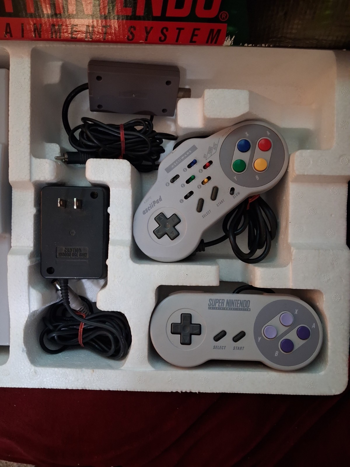 Nintendo SNES Super Nintendo Console Bundle w/ Box Manual 2 Controllers Adapter