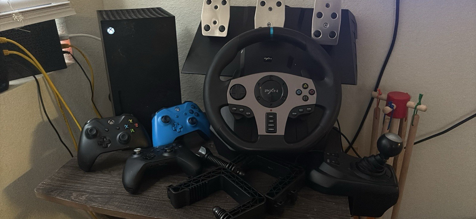 Xbox series X with PXN Wheel pedals gear shifter with 1 pro controller 2 regular