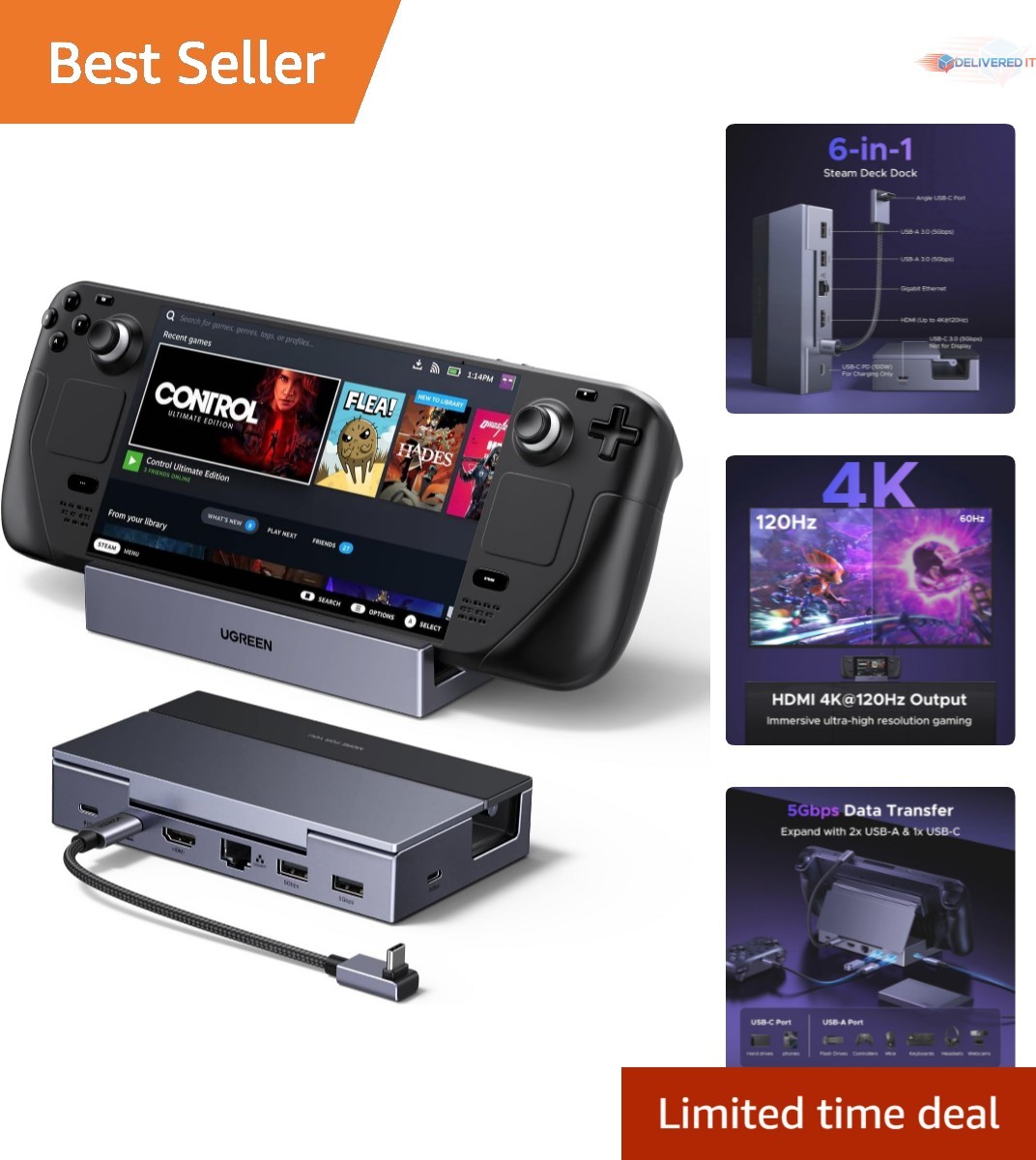Steam Deck Dock 6-in-1 HDMI 2.1 USB-C Charging Ethernet for Gaming and Work