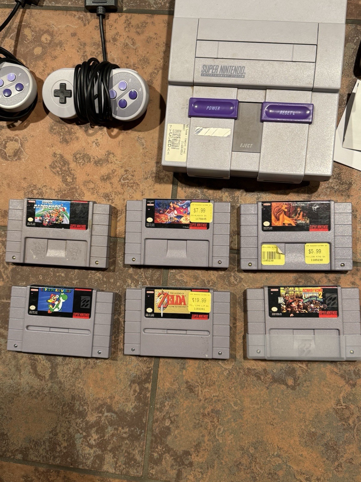 SNES Super Nintendo Console Bundle – 6 Games + 2 Controllers + Cables