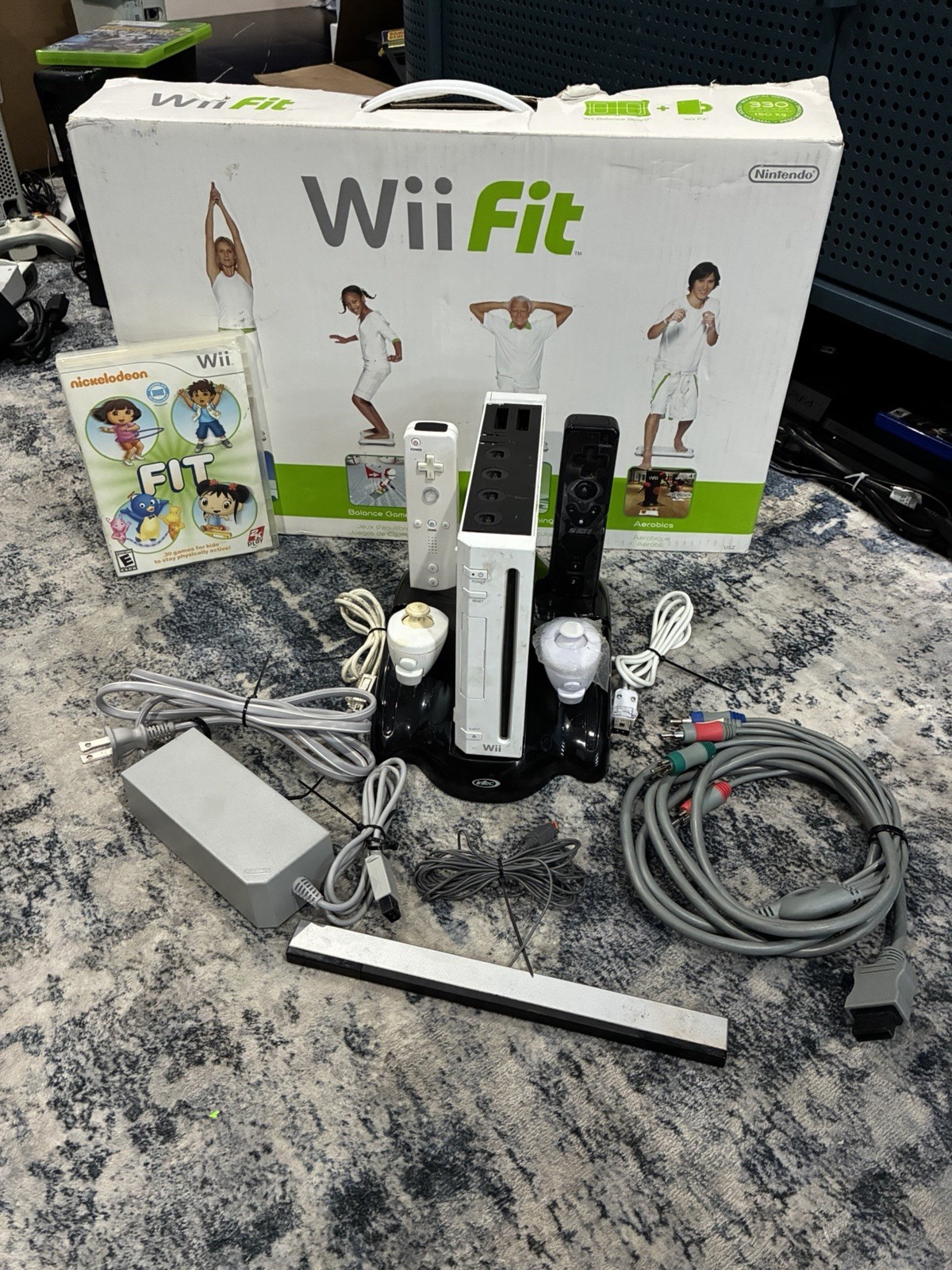 Nintendo Wii RVL-001 Console + 2 Remotes + 2 Nunchucks + Wii Fit & Game Bundle