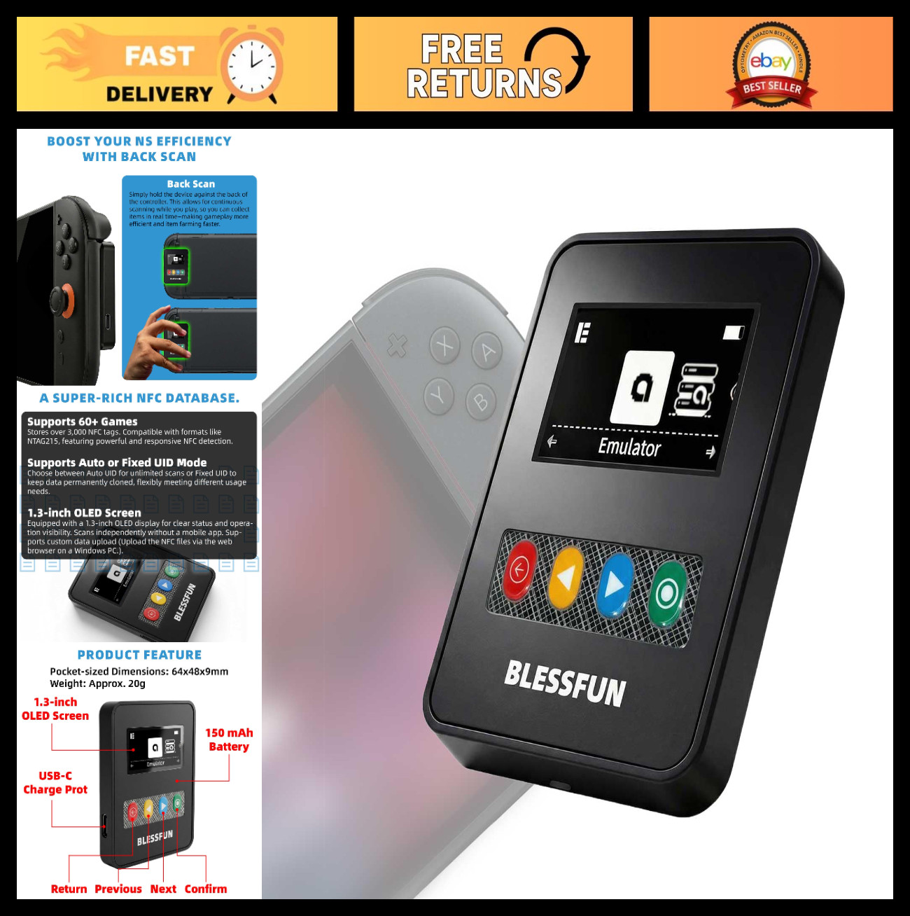 NFC Emulator with 3000+ Data Storage, 1.3″ OLED Screen, Rechargeable, Type-C, Co