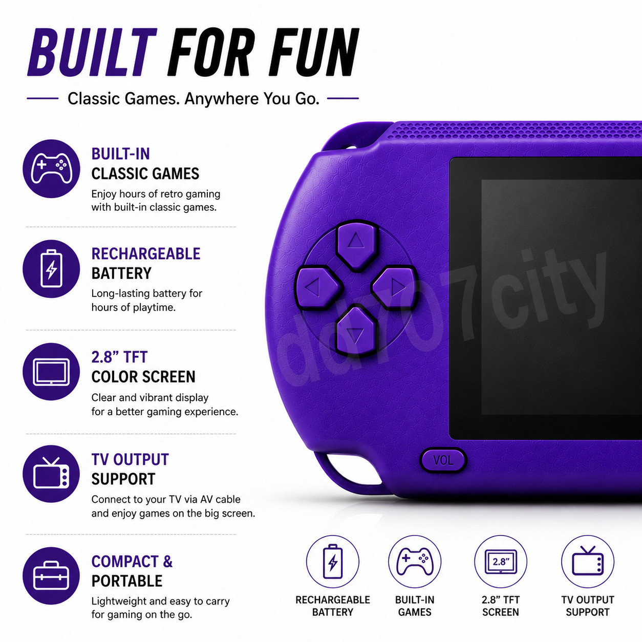 Portable Handheld Gaming Console Rechargeable Retro Gaming System 16 Bit