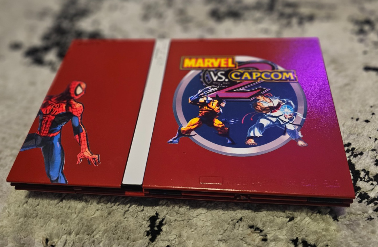 Playstation 2 Console Custom Painted Red w/Marvel vs Capcom 2 Sticker PARTS ONLY