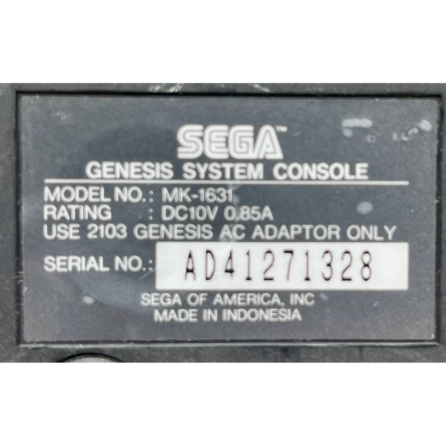 Sega Genesis Model 2 Console MK-1631 Black with OEM MK-2103 Power Supply Adapter