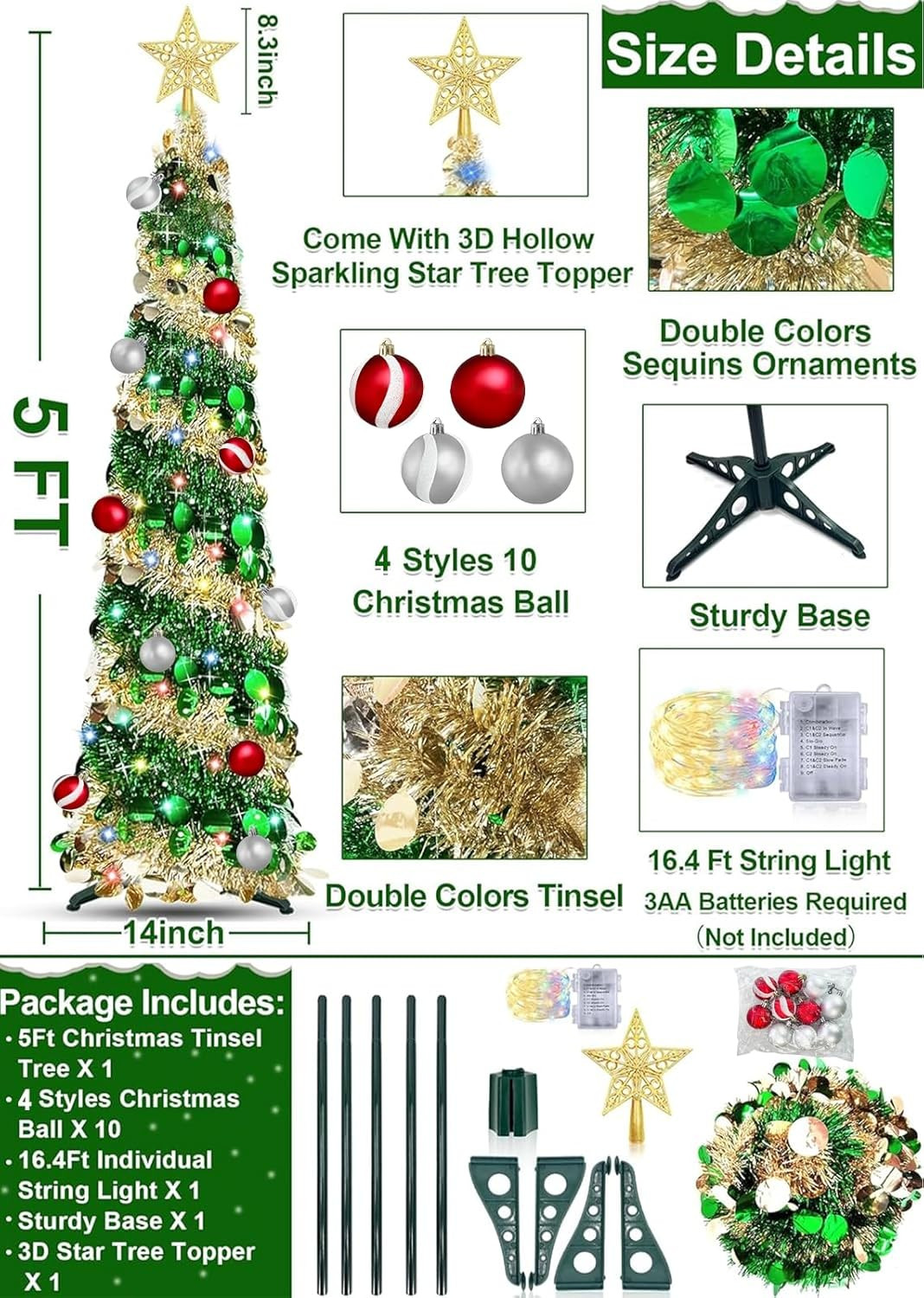 Dual Color Switch&Timer 5 Ft Gold Pop up Christmas Tree with 50 Warm White&Color