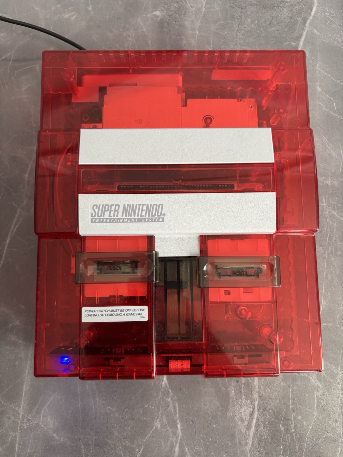 Transparent Clear Red Super Nintendo SNES Game Console SNS-001 with Blue LED
