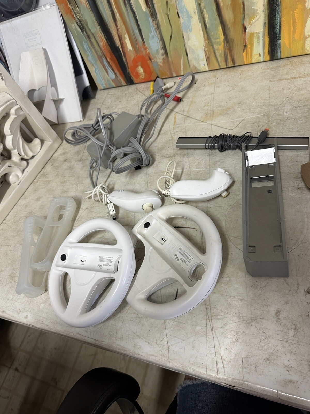 Nintendo Wii Console Bundle With All Cables, 2 Wheels &Nunchucks 1 Remote Works