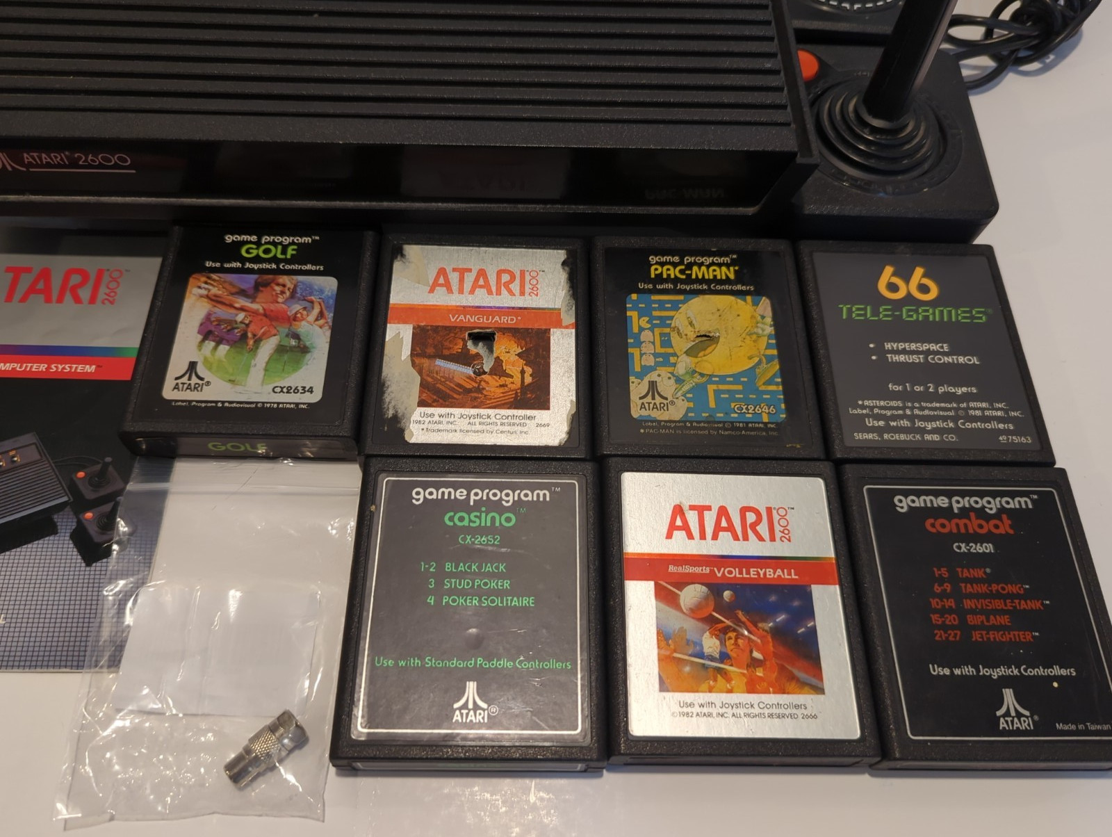 Atari 2600 Vader Black Console Bundle Cleaned Tested With 7 Games, two joysticks