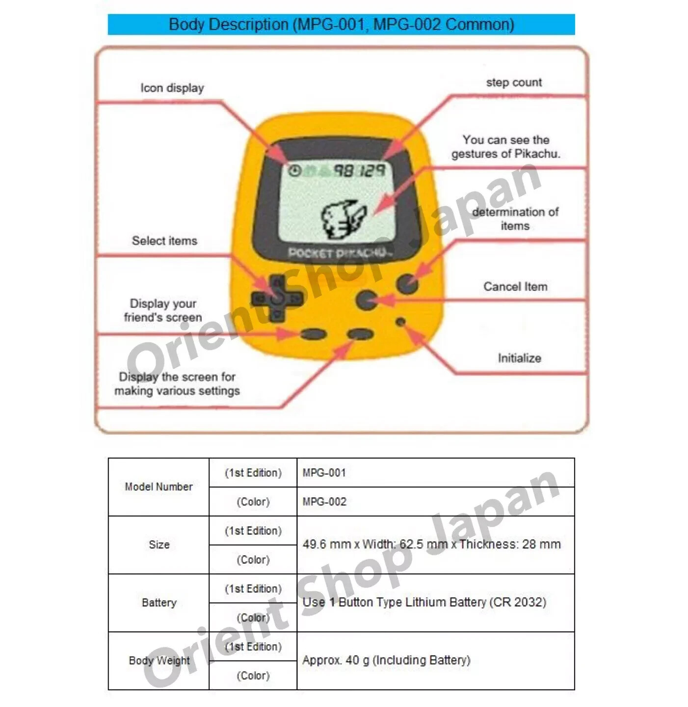 Pocket Pikachu Pedometer Nintendo Pokemon Virtualpet MPG-001 New Battery Install