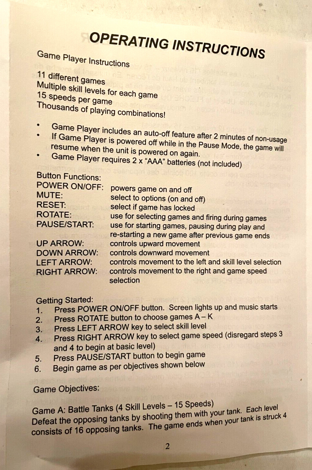 Game Player HAND HELD GAME SMALL VIDEO PLAYER w/Instructions & 2 AAA Batteries
