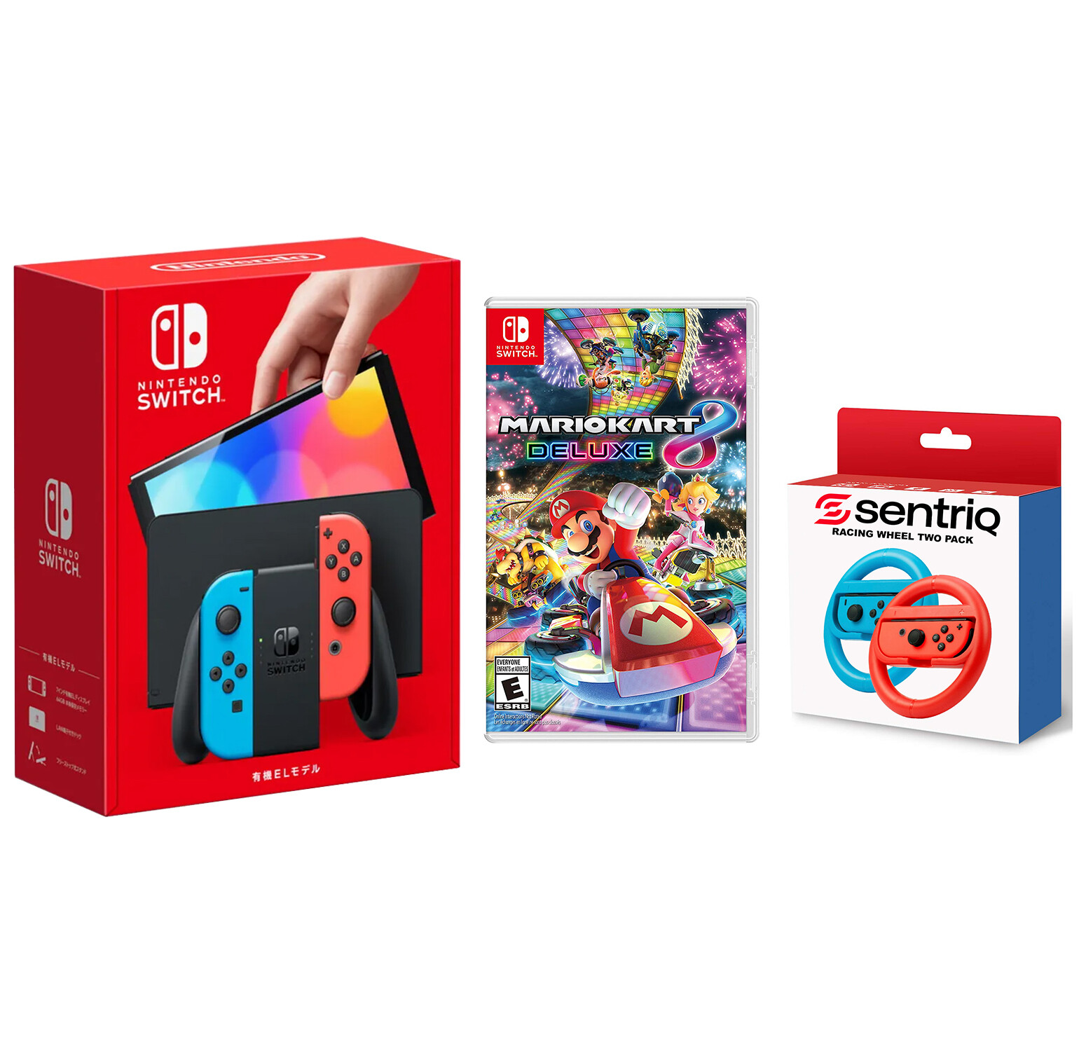 Nintendo Switch OLED Neon Red/Blue Edition + Mario Kart 8 Deluxe + Racing Wheel