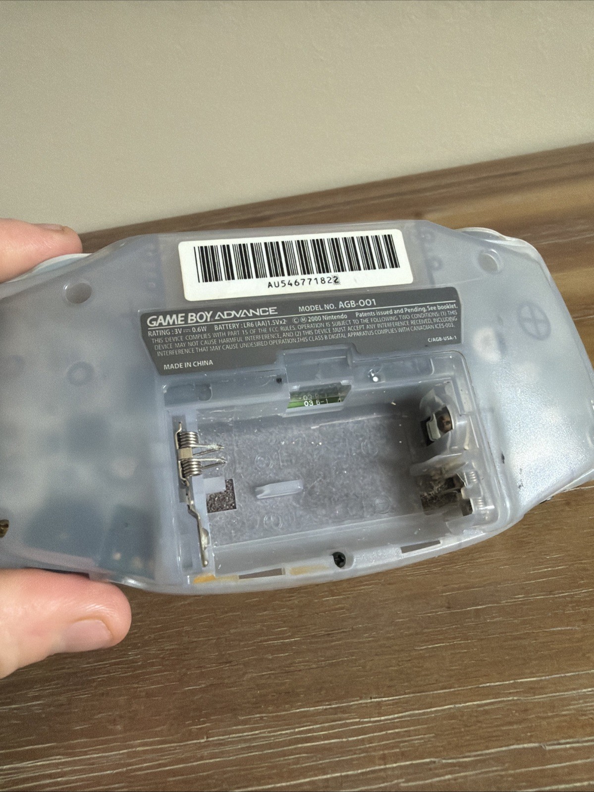 Working Nintendo Game Boy Advance Console in Clear Glacier with No Battery Cover