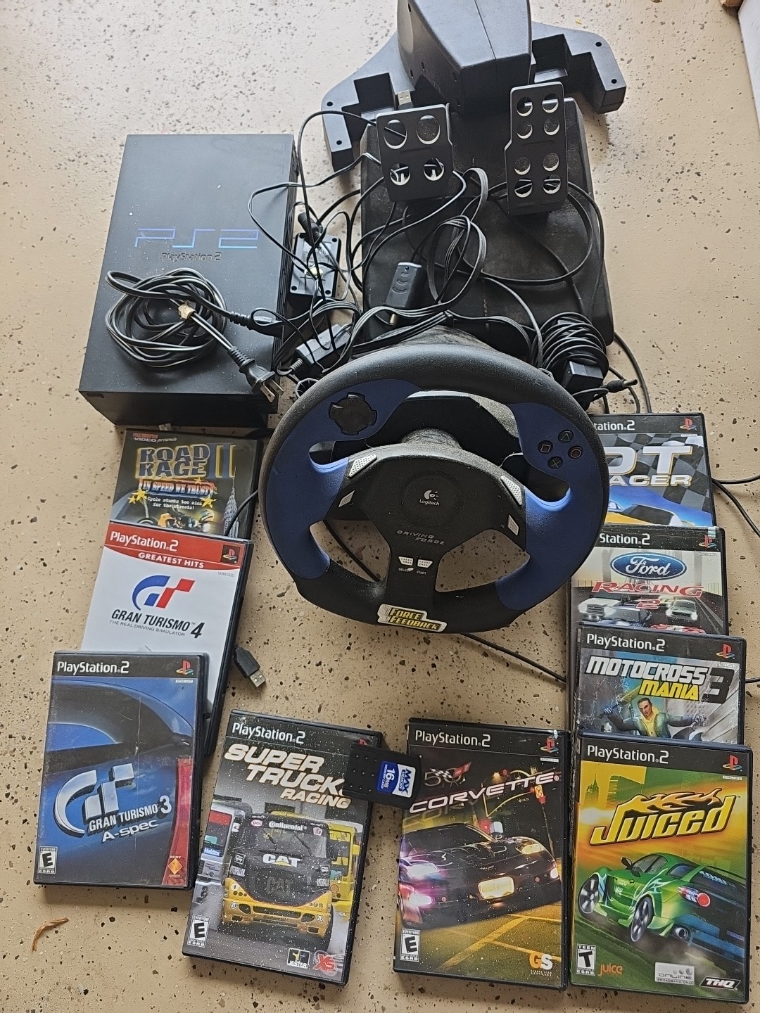 Sony PlayStation 2 PS2 Fat Black Console, Wheel, Pedal and 9 Racing Games