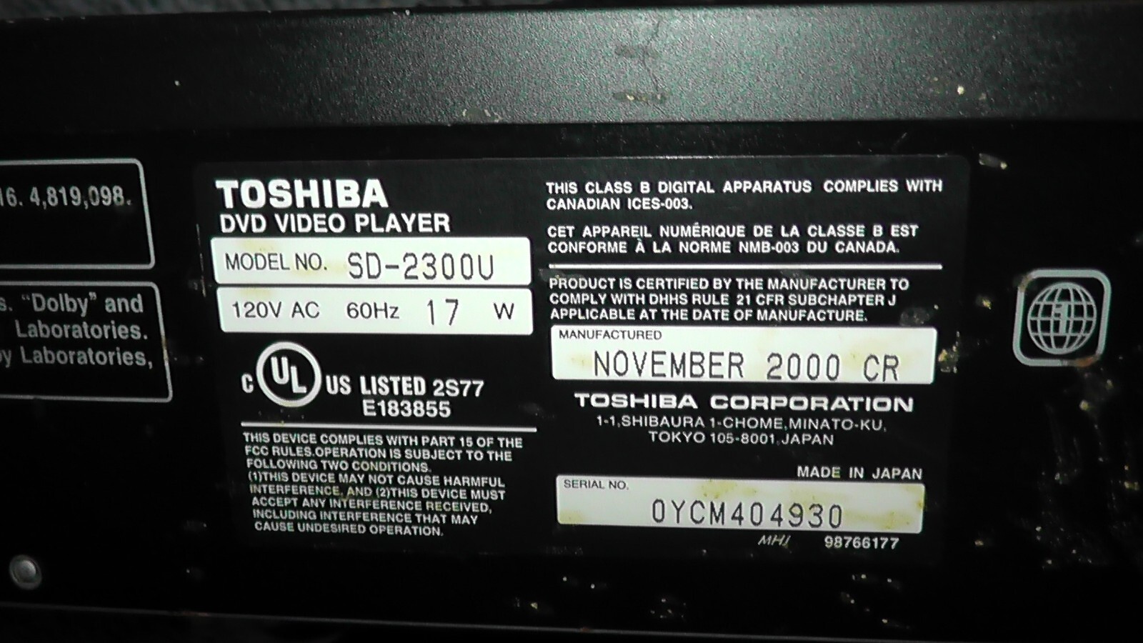 UNTESTED NUON TOSHIBA SD-2300 DVD PLAYER GAME SYSTEM CONSOLE SAMSUNG REMOTE GAME