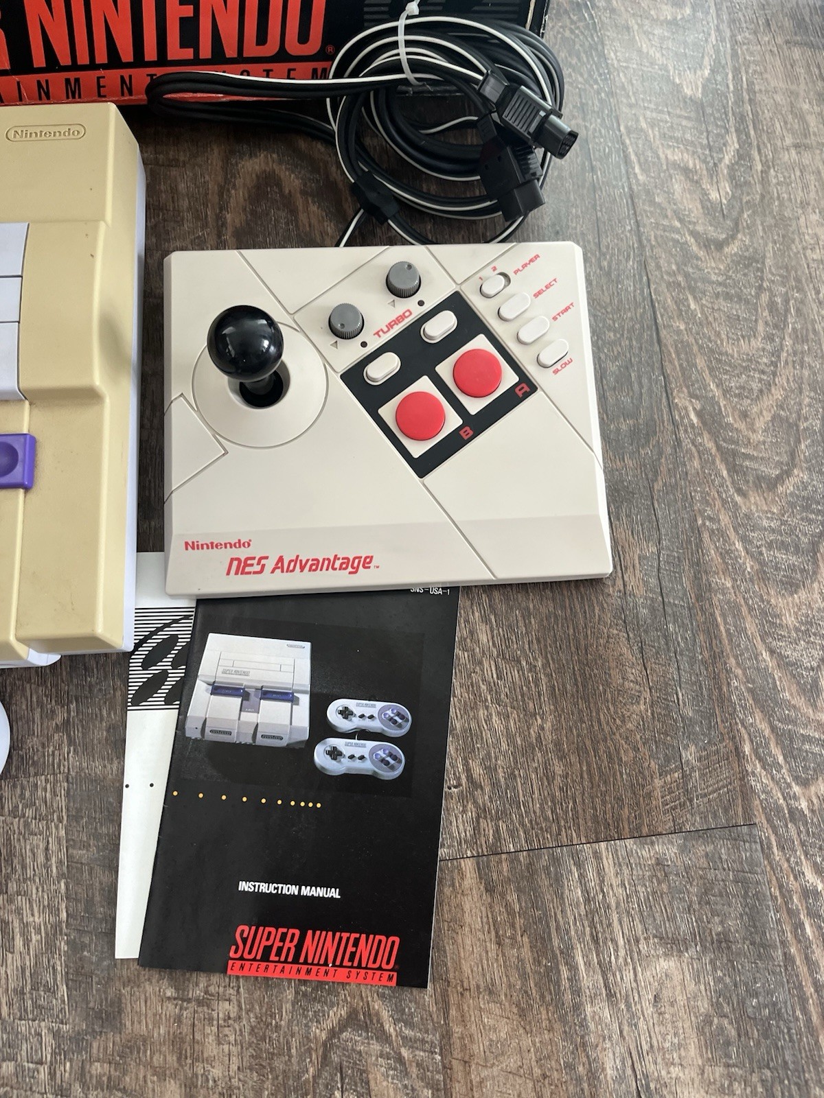 Super Nintendo Home Console, Box, Controllers, Nes Advantage Joystick, Manual