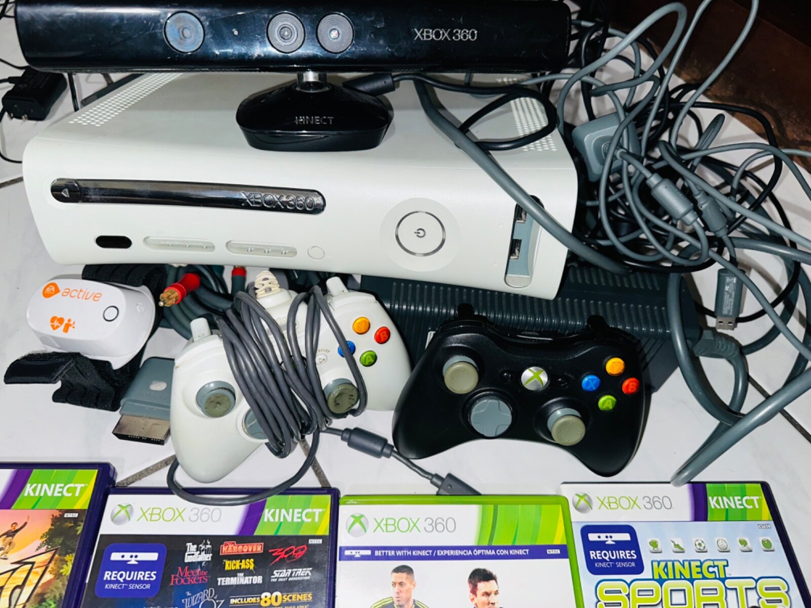Xbox 360 With 2 Controllers, Kinect, Active EA Sports Reader, 10 Games