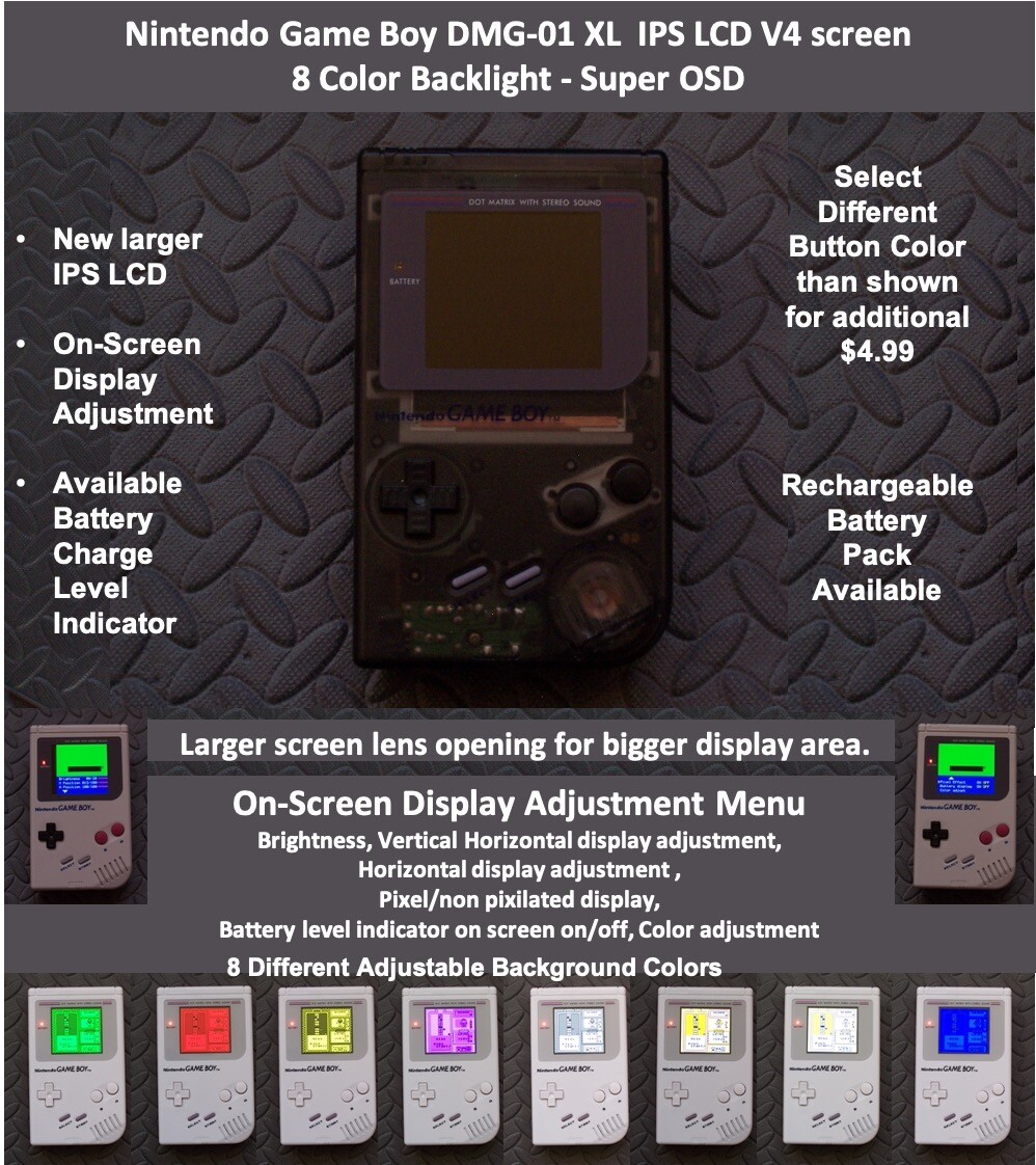 Nintendo Game Boy DMG-01 XL IPS OSD V4 screen 8 Color Backlight – CLEAR BLACK