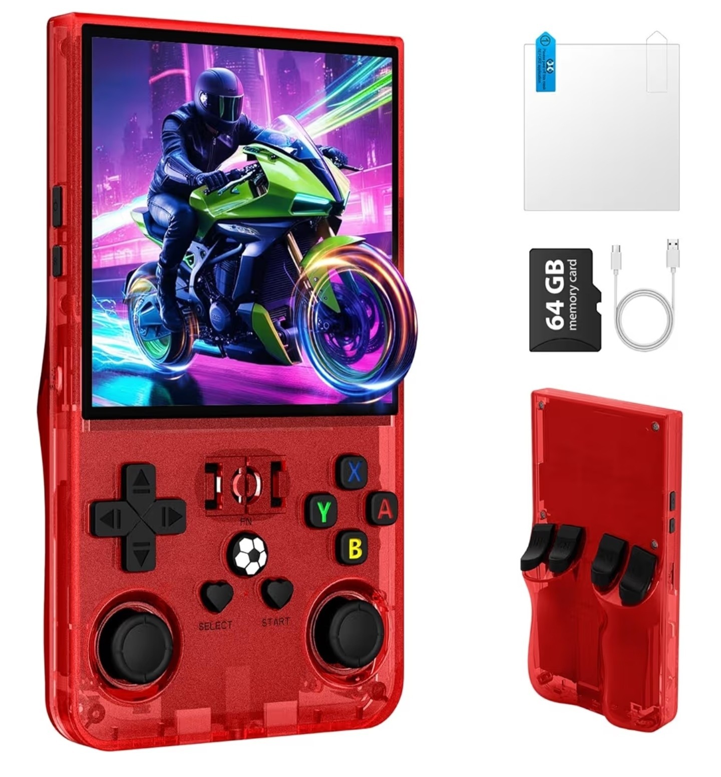 R36MAX Red Handheld Game Console 64GB Dual 3D Joysticks USB-C Red
