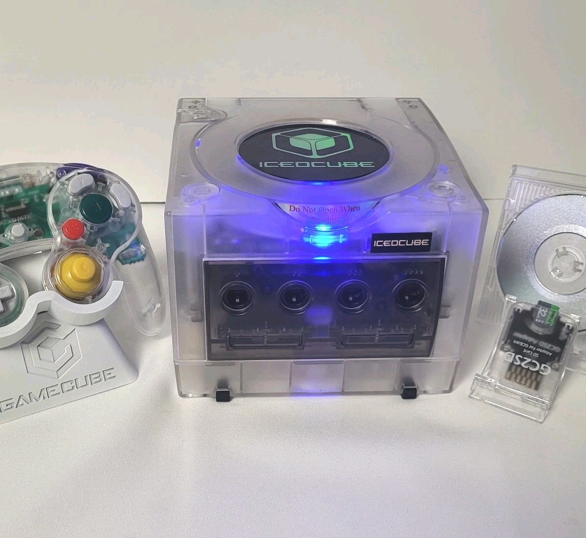VINTAGE Nintendo ICEDCUBE GameCube Clear Laser Bear Ethernet Adapter Qoob Tested