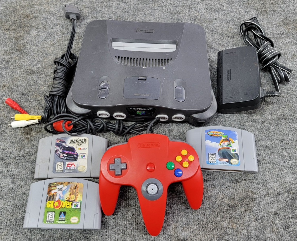 Nintendo 64 Console w/Red Control, Cords And 3 Games Glover, Nascar, Wave Race