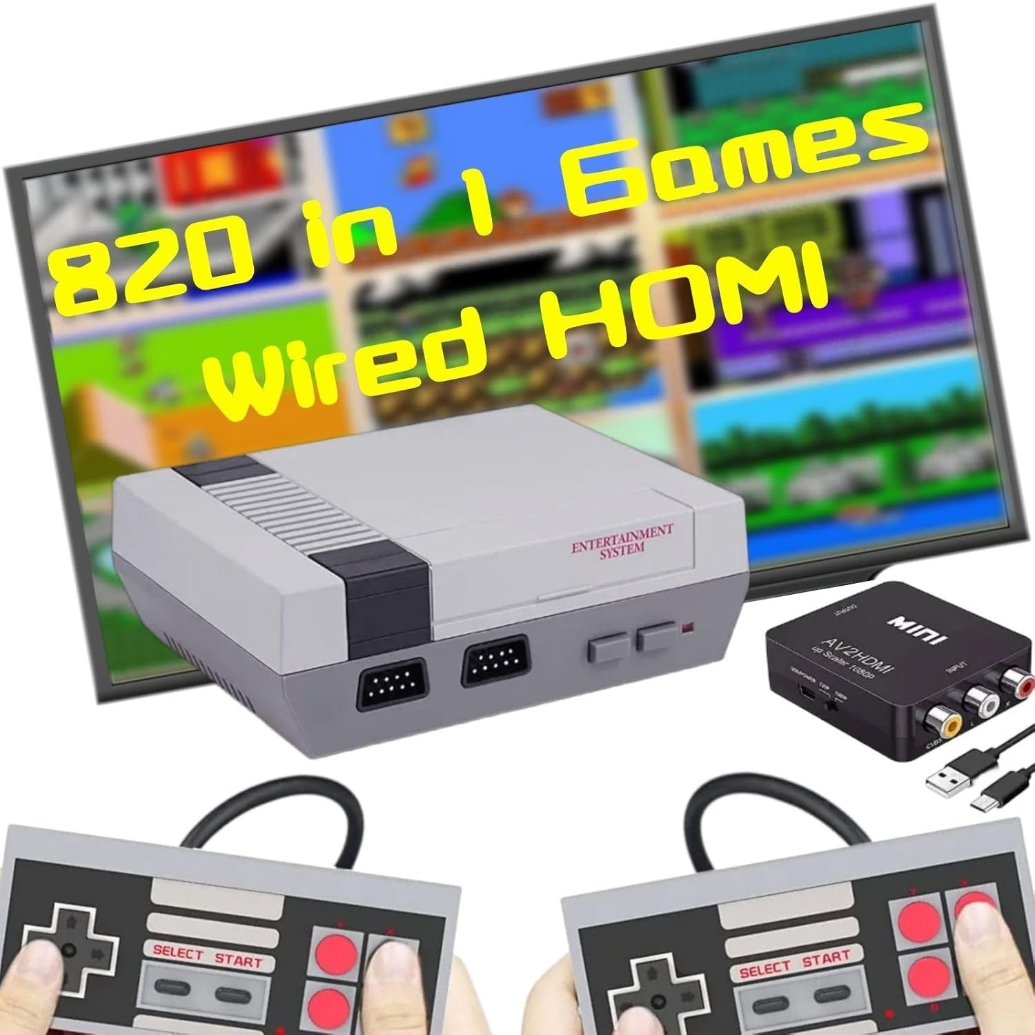 Compact Retro Game Console – Play 820 Classic Titles with Dual Controllers