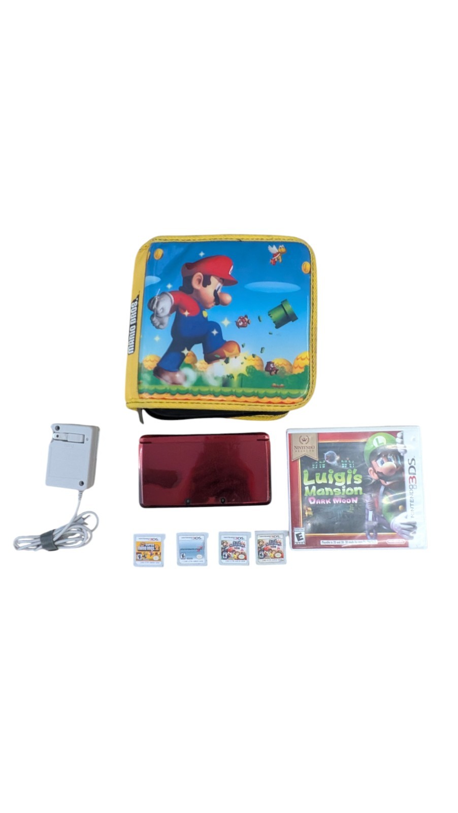 Nintendo 3DS Handheld System – Flame Red + Charger, Carry Case, 5 Games