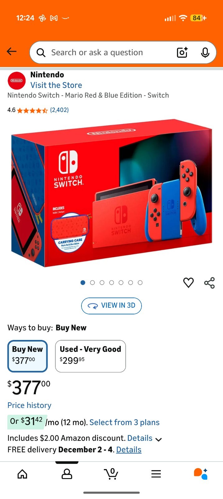 Nintendo Switch Mario Red & Blue Edition Console With Mario Case + Accessories