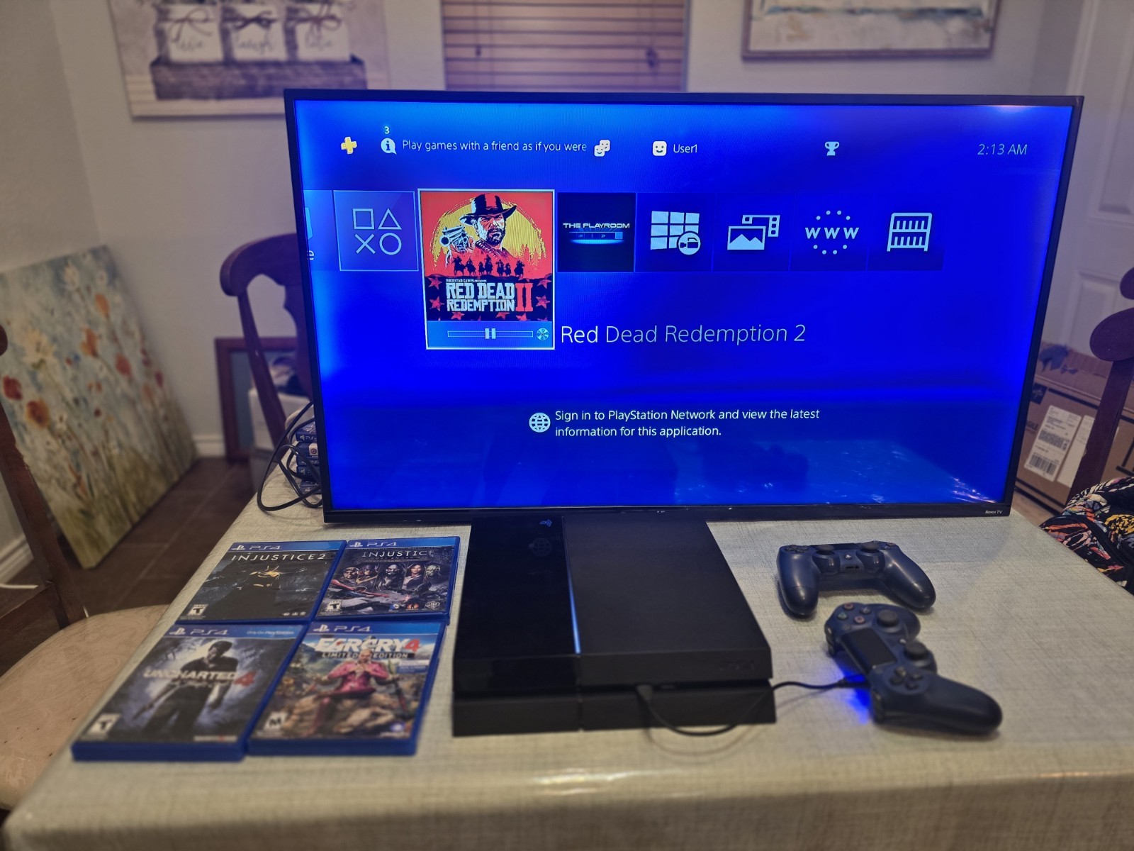PS4 Console Bundle with 2 Blue DualShock 4 Controllers + 5 Game – Tested Working