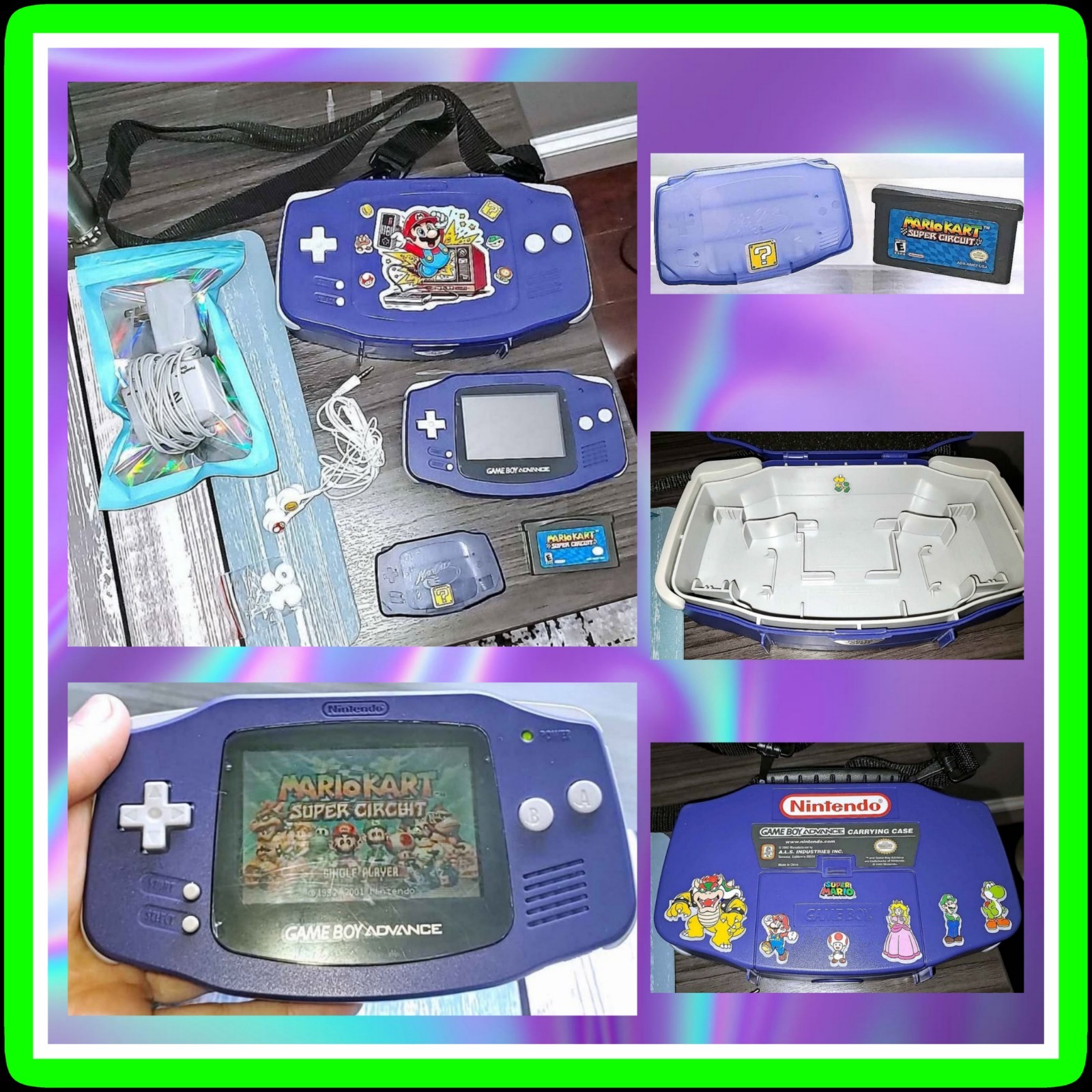 🟣 Indigo Nintendo GameBoy Advance MARIO KART GBA Bundle With Cases & AC Adapter