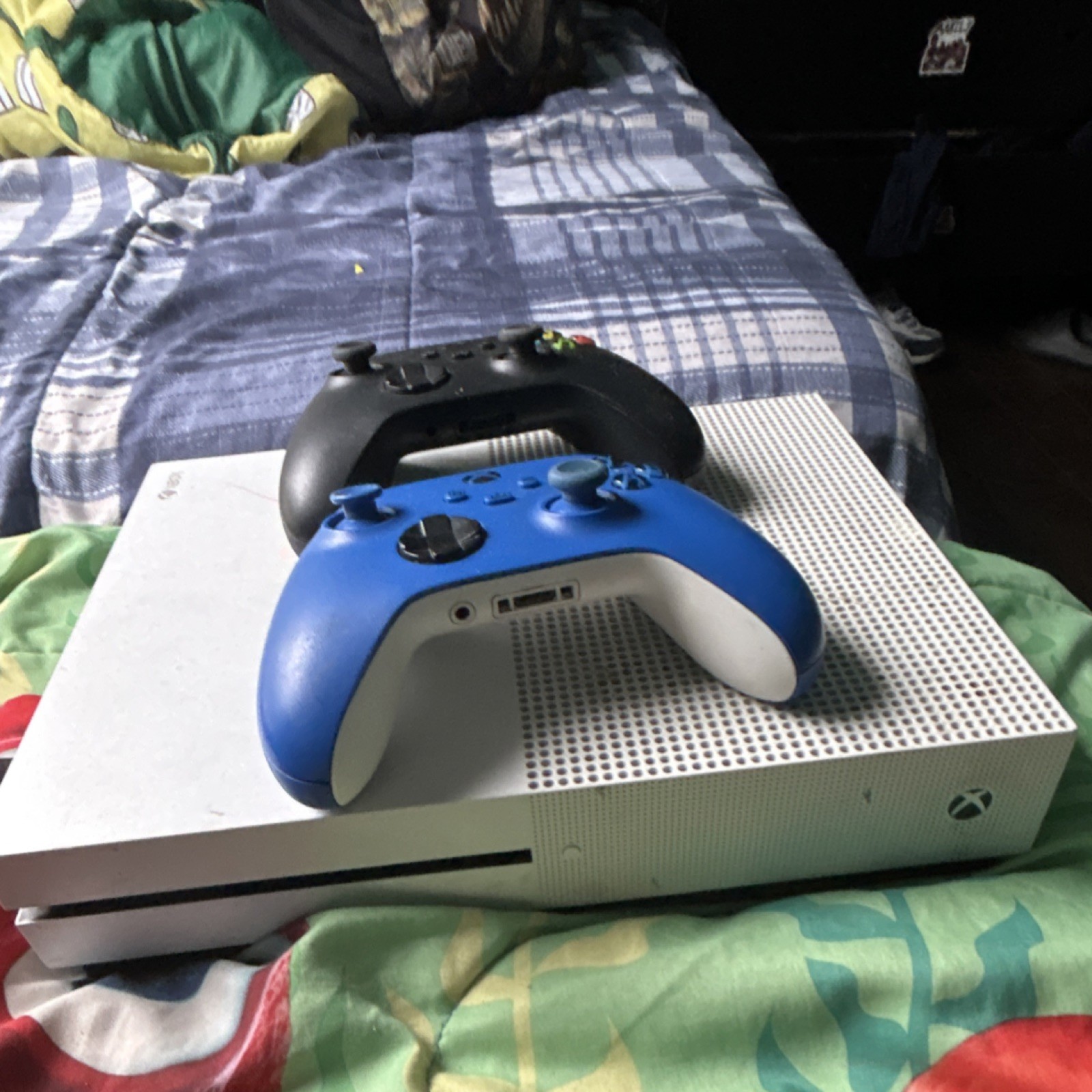 Microsoft Xbox One S White Console with Black and Blue Controllers