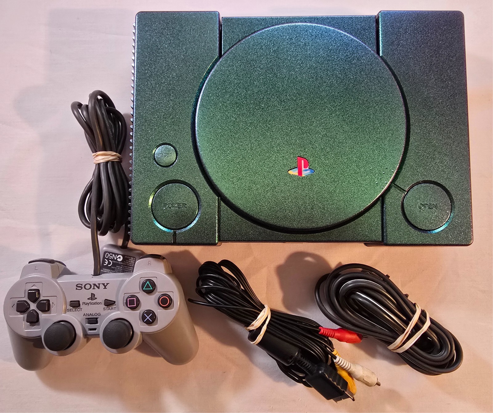 PlayStation One System Green Purple Shell Case Replacement Cleaned Tested Works