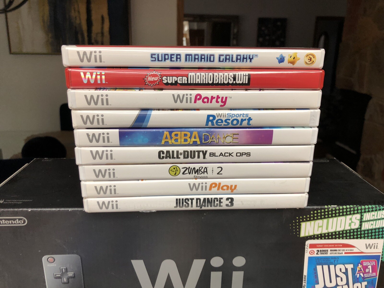 Nintendo Wii Black Console Bundle 9 Games Mario, Party, Resort Controller Zumba
