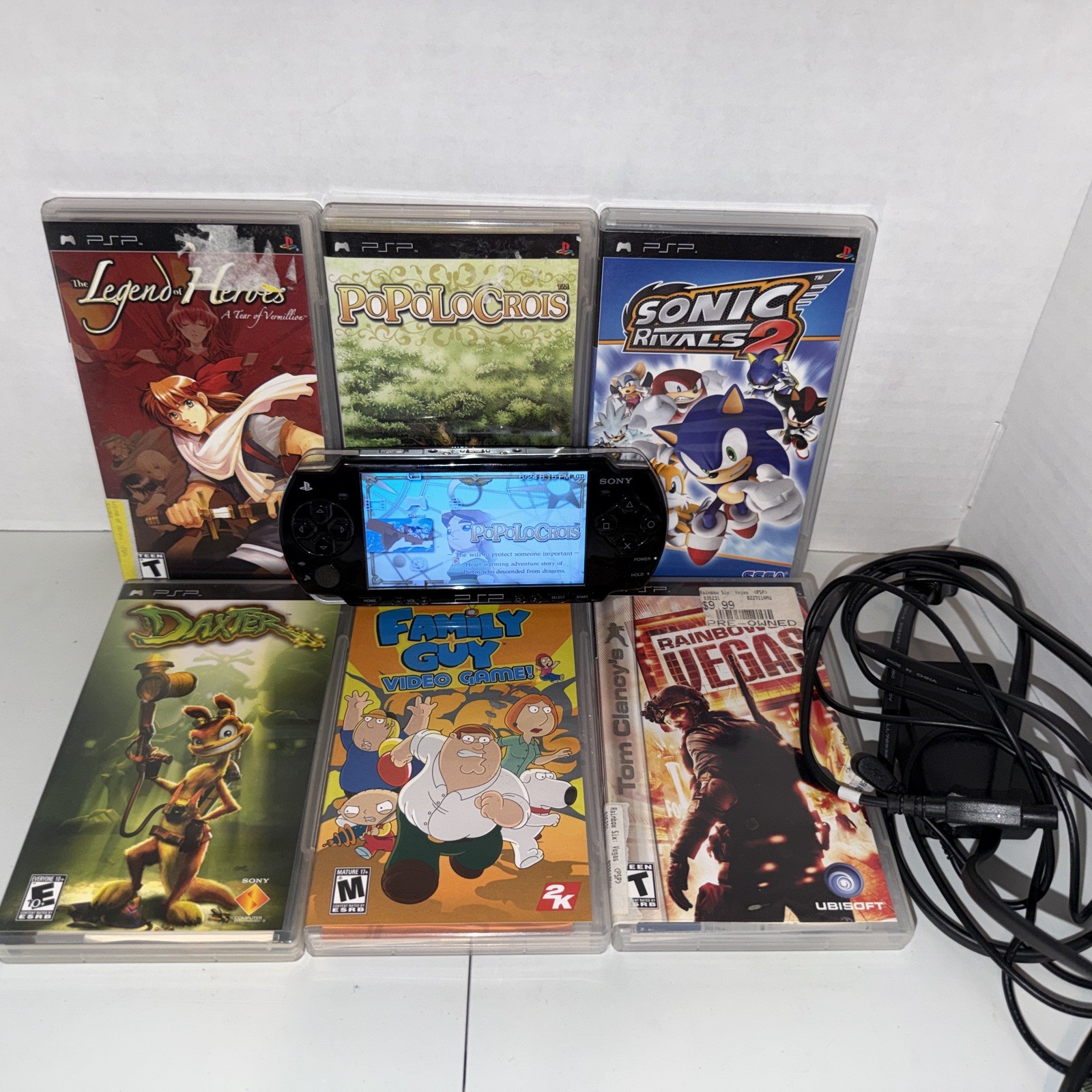 SONY PSP-2001 Black Console Bundle W/ Charger, New Battery, 6 Games – Tested!