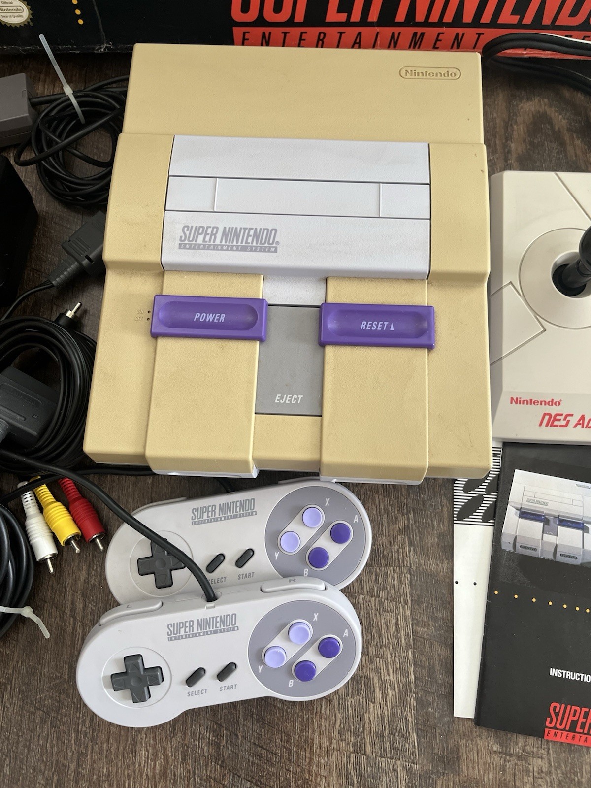 Super Nintendo Home Console, Box, Controllers, Nes Advantage Joystick, Manual