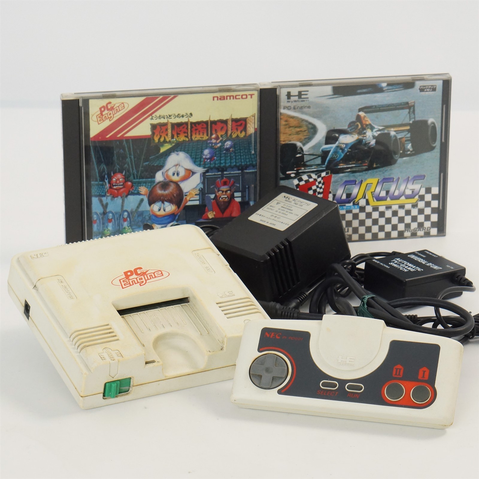 PC Engine Console PI-TG001 Tested System with Games Yokai Dochuki F1 Circus 263A