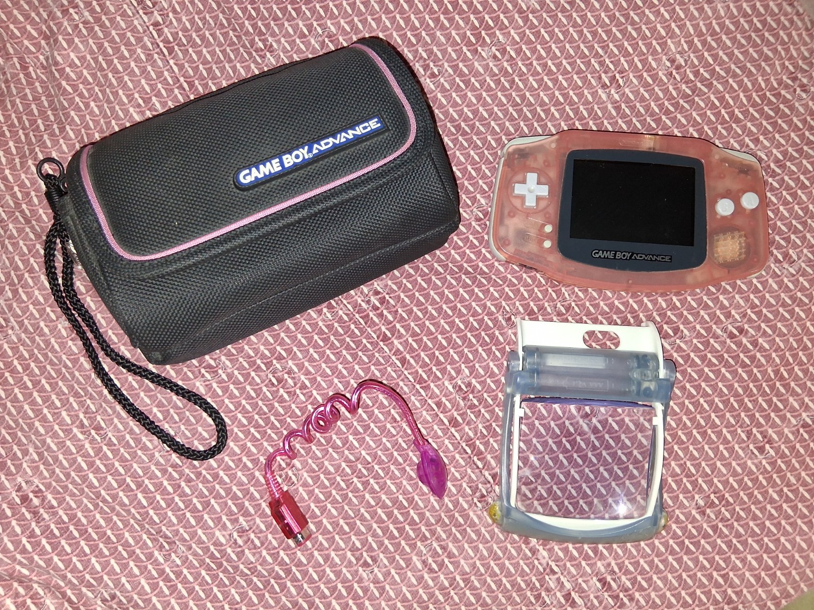 Nintendo Game Boy Advance Handheld Console AGB-001 Clear Pink Case Light Extras