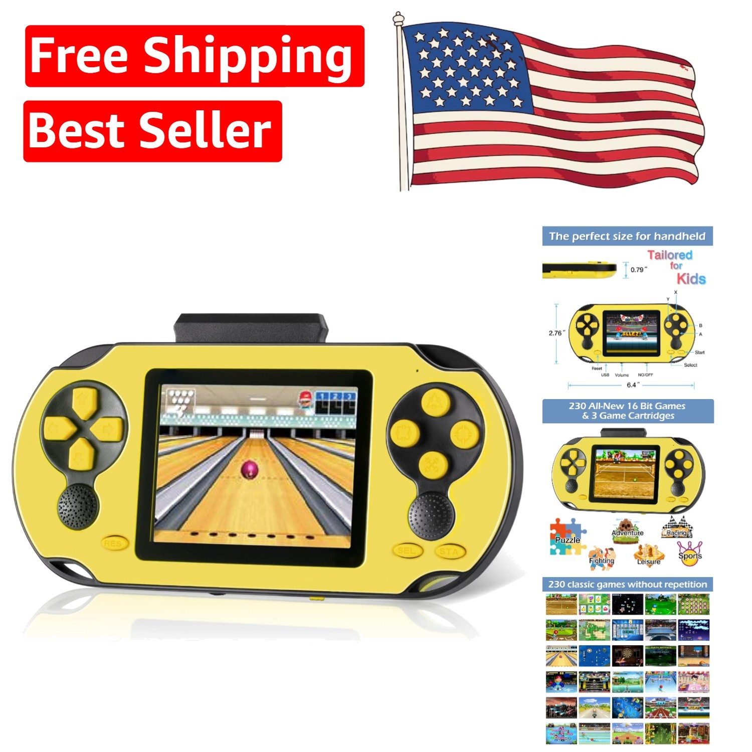 Portable 16 Bit Game Console for Kids & Adults – 230 HD Games, 3 Game Cartridges