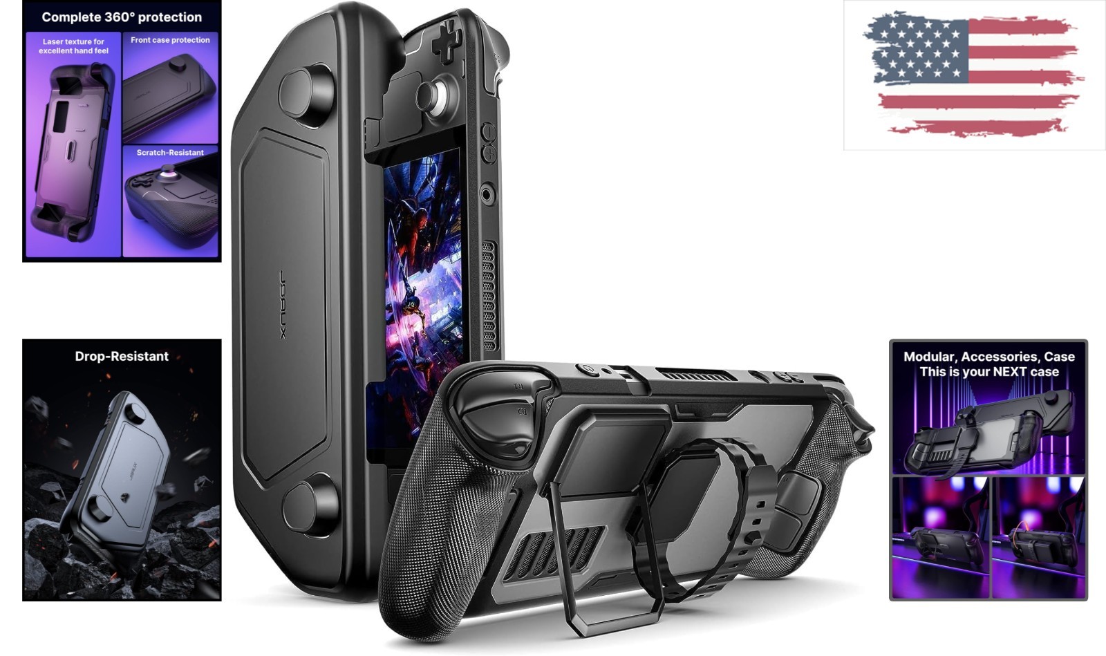 Comprehensive Steam Deck Protection Case with Modular Metal Kickstand & Strap