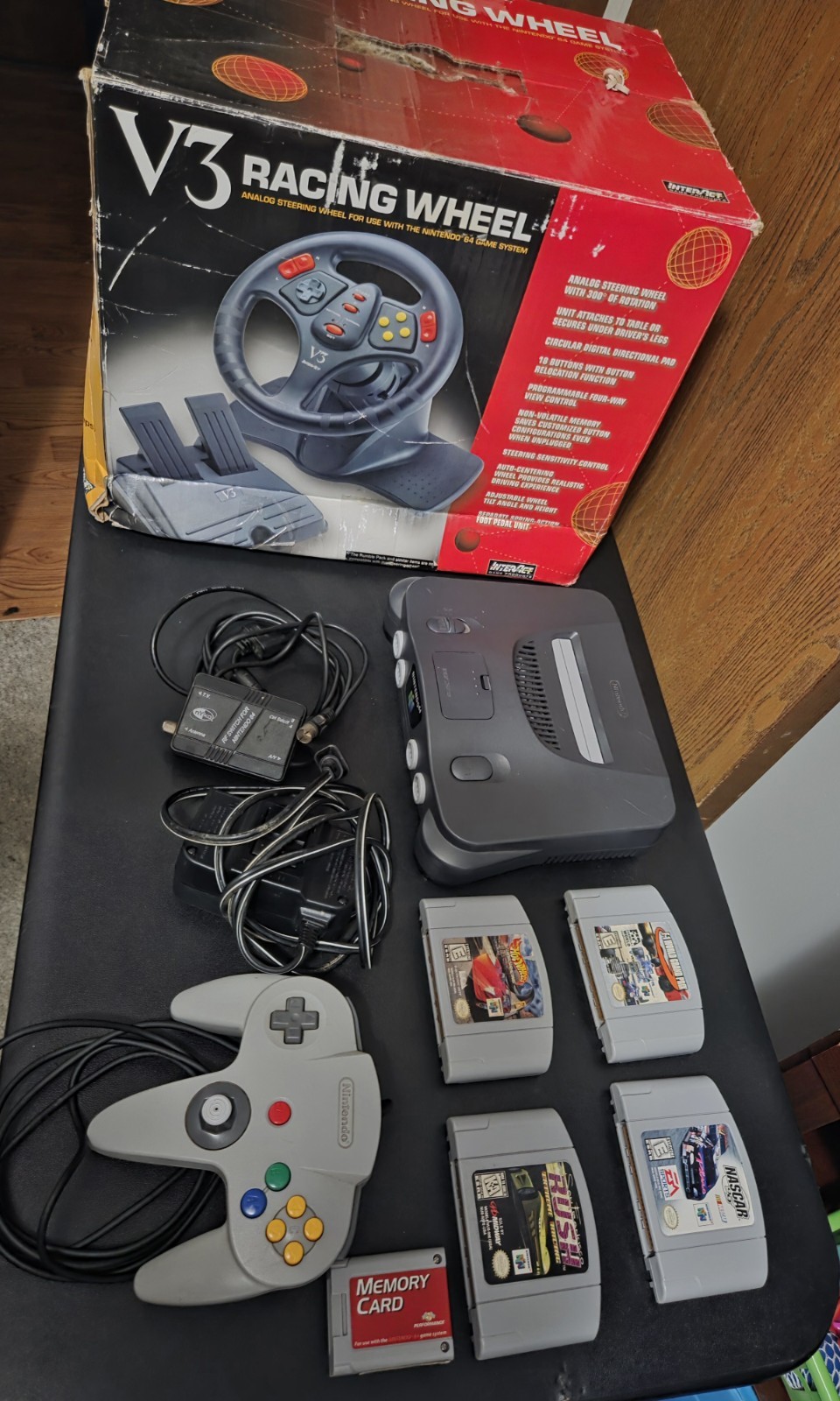 Nintendo 64 N64 Video Game Console Bundle 4 Games V3 Racing Wheel &Pedals Memory