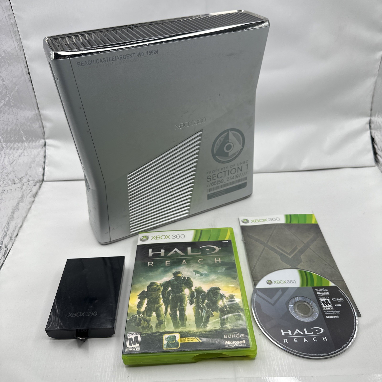 Lot Xbox 360 S Halo Reach Silver Console + Hard Drive + Disc UNTESTED READ