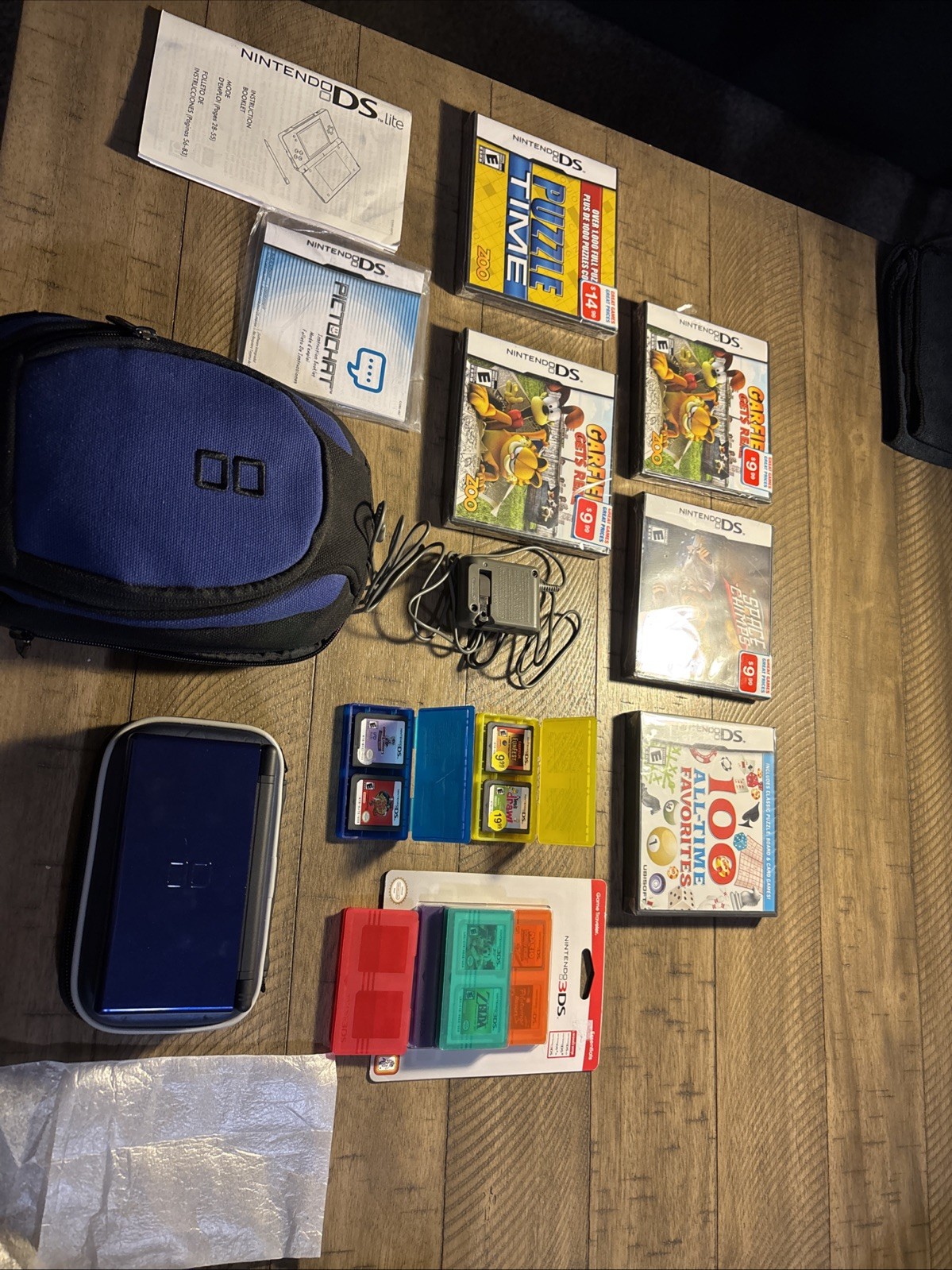 Nintendo DS Lite Clean Enamel Navy Bundle W/ Charger, 2 Stylus 9 Games 2 Cases