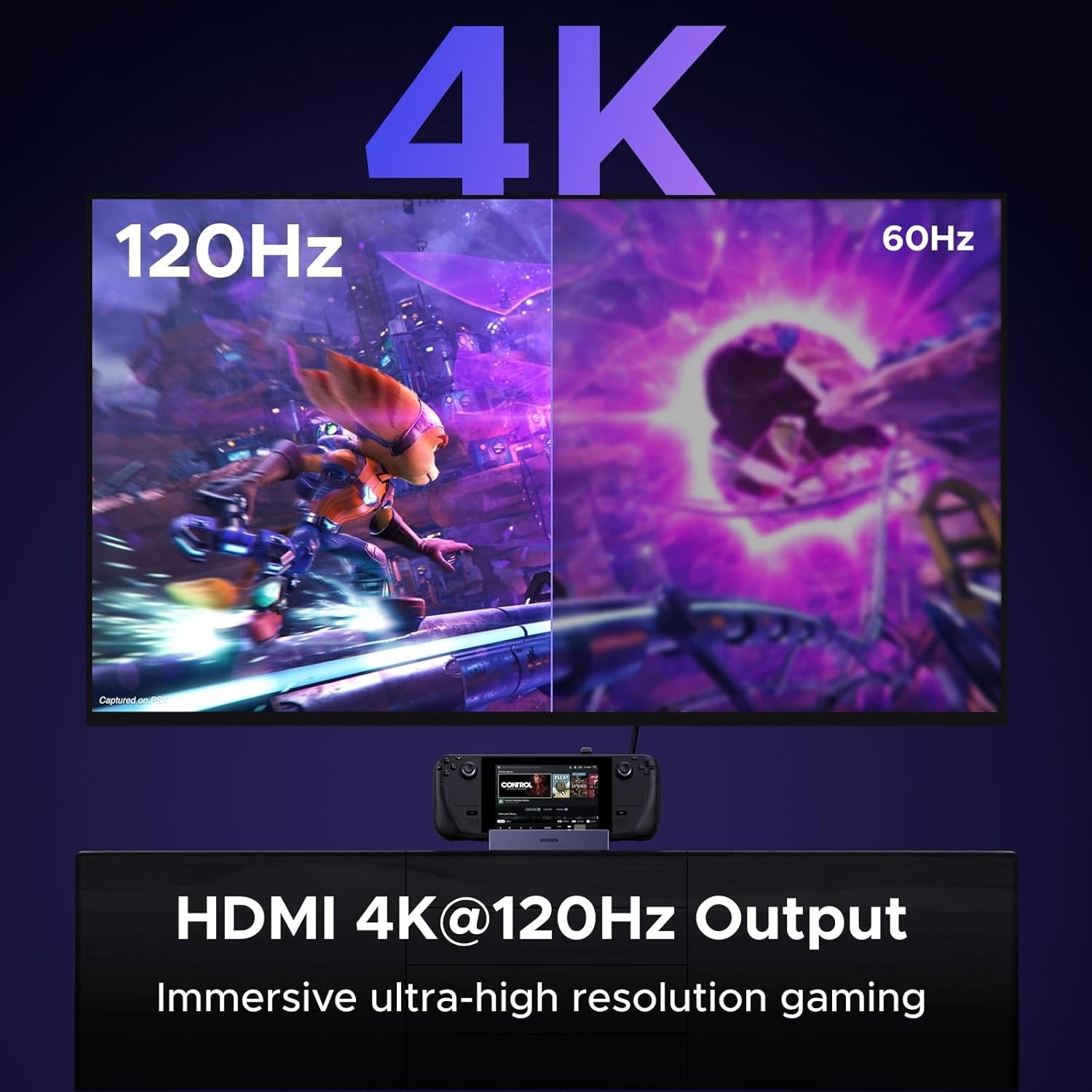 Portable Steam Deck Dock: 4K@120Hz HDMI, USB-A, USB-C & Gigabit Ethernet;