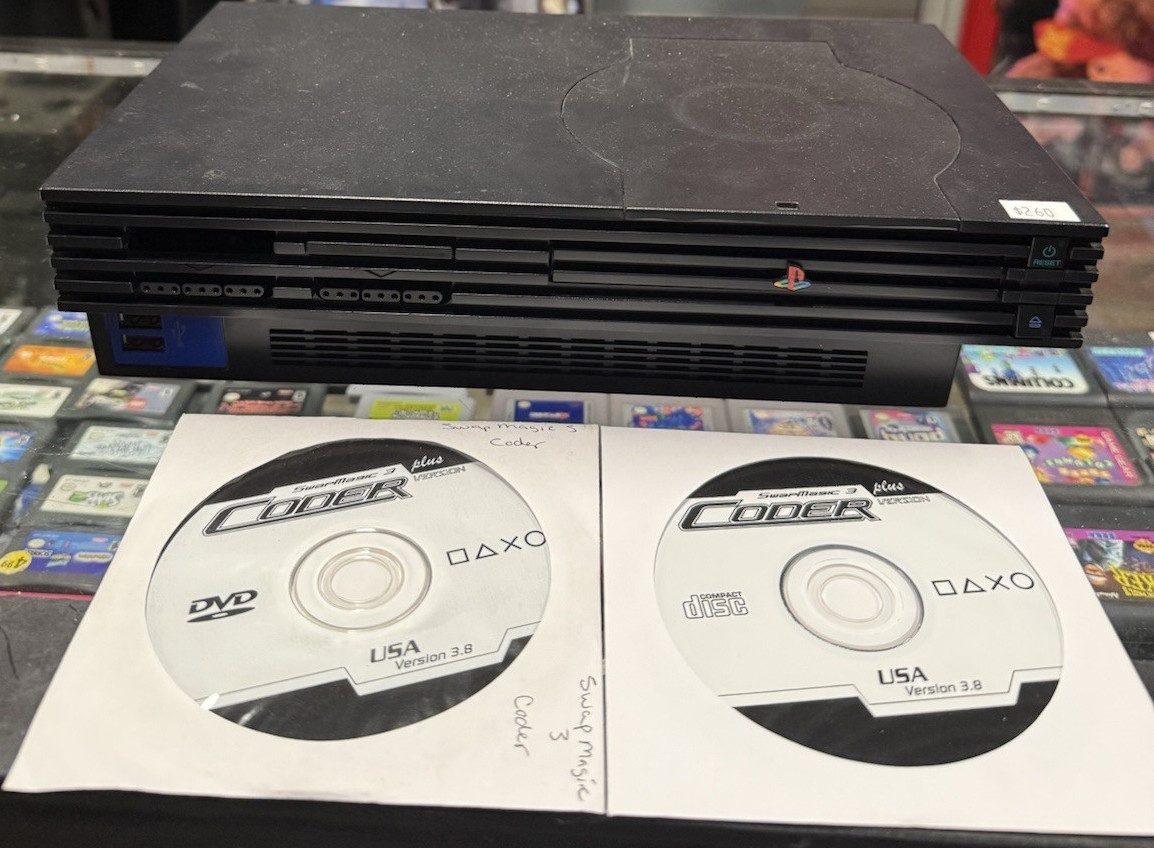 Sony PlayStation 2 PS2 Console Black w/ Swap Magic 3.8 & Shell