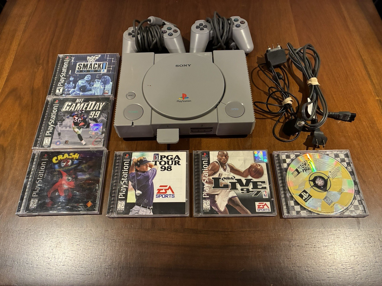 Sony PlayStation 1 SCPH-1001 PS1 Console 6 Games Memory Card, 2 Controllers
