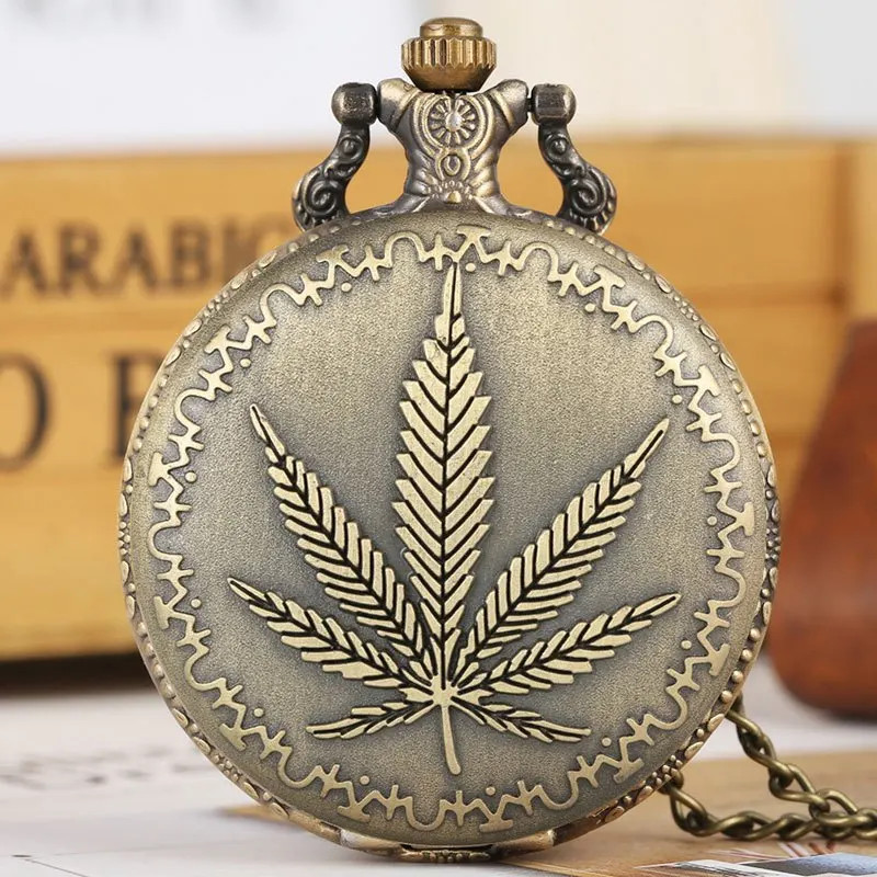Vintage Bronze Leaf Pattern Design Quartz Movement Pocket Watch,With 80CM Neckla