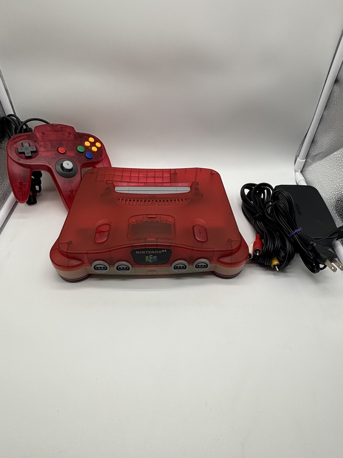 Clear white and Red nintendo 64 system JP Tested Working W/Controller & Cords!